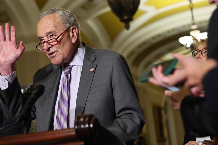 Senate Minority Leader Sen. Chuck Schumer (D-NY) gives a statement after a policy luncheon with Democratic senators at the U.S. Capitol on July 15, 2025 in Washington, DC.