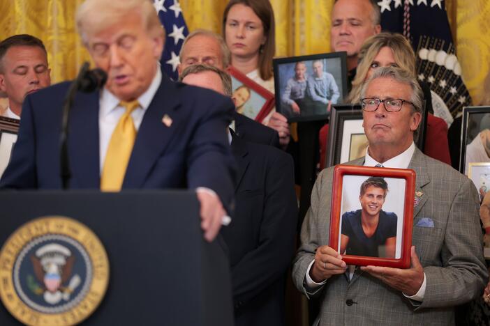 Greg Swan, whose son Drew died as a result of a fentanyl-related substance, looks on as President Trump speaks in the East Room of the White House. The president signed the HALT Fentanyl Act, which aims to permanently classify all fentanyl-related substances as schedule I controlled substances and aid law enforcement in prosecuting trafficking and manufacturing offenses.