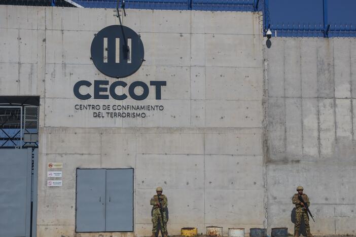 Members of the Salvadorian army stand guard at maximum security penitentiary CECOT on April 4, in Tecoluca, San Vicente, El Salvador.
