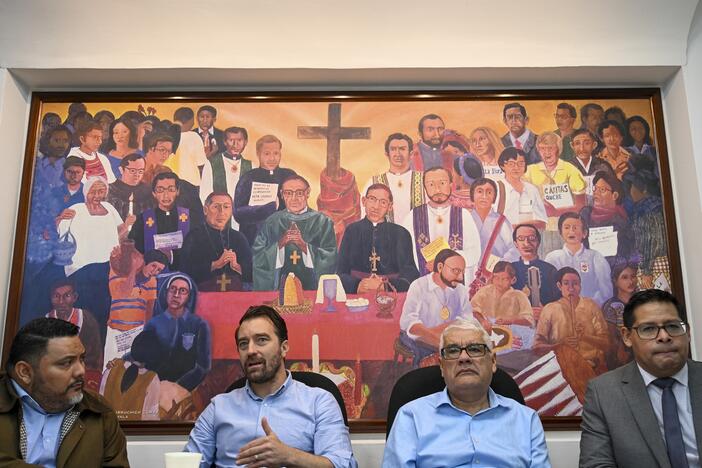 Executive director of the NGO Cristosal, Noah Bullock (C) speaks next to director of research Rene Valiente (L), Abraham Abrego (2nd R), director of the strategic litigation and Guatemalan lawyer Rafael Cruz (R) during a press conference in Guatemala City on July 17, 2025.