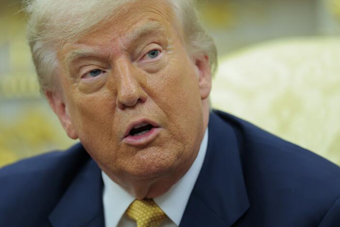 U.S. President Donald Trump speaks to reporters during a meeting with Crown Prince of Bahrain Salman bin Hamad Al Khalifa in the Oval Office of the White House on July 16, 2025, in Washington, D.C.