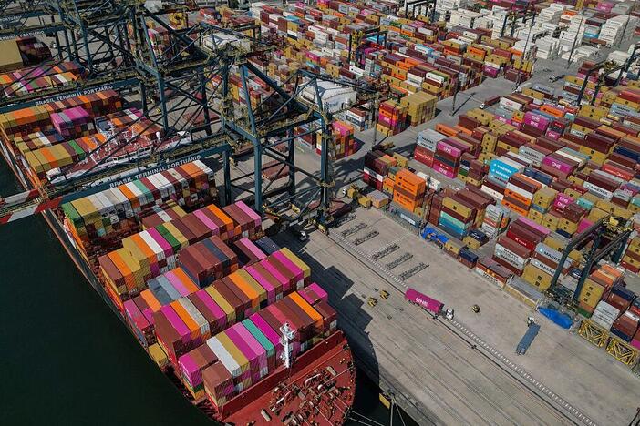 An aerial view picture of the port of Santos, the largest port complex in Latin America and one of the largest in the world, taken on Thursday in Santos, Sao Paulo state, Brazil.