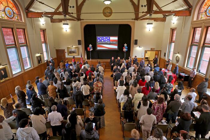A naturalization ceremony at the Nevins Library in Massachusetts on Oct. 30, 2024.