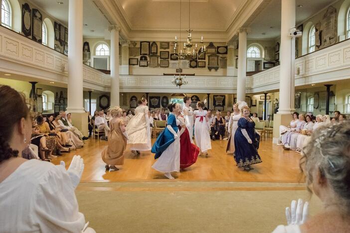 Dancers perform in St Swithins Church, Bath, at the Jane Austen Festival, 2023.