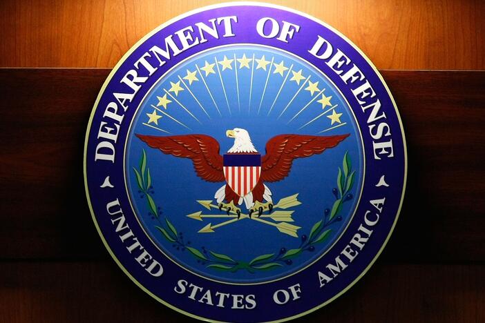 The seal of the Department of Defense at the Pentagon.