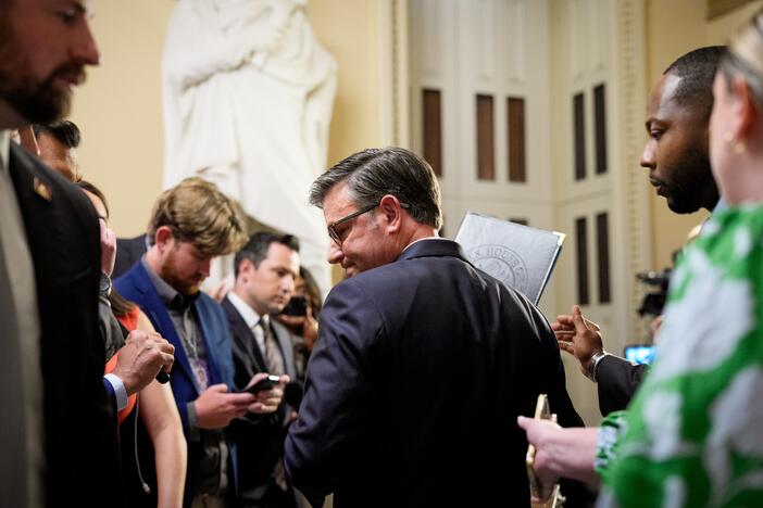 House Speaker Mike Johnson departs after speaking to reporters outside the House chamber at the U.S. Capitol on July 23, 2025, in Washington, D.C.