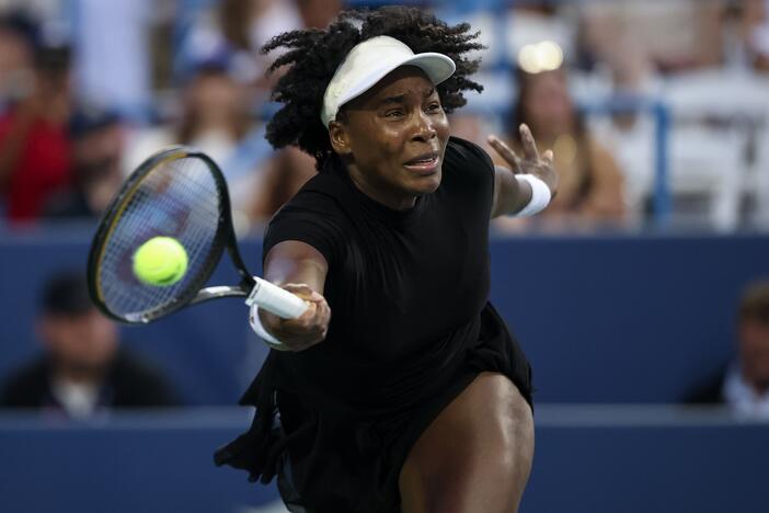Venus Williams returns a shot against <a href="https://www.wtatennis.com/players/320277/magdalena-frech"target="_blank"   >Magdalena Frech</a> on day 4 of the Mubadala Citi DC Open. Williams, 45, said she's been on COBRA health insurance.