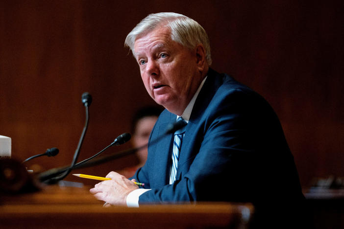 U.S. Senator Lindsey Graham, R-S.C., asks questions to Attorney General Merrick Garland during a Senate Appropriations Subcommittee, at the Capitol in Washington, D.C., April 26, 2022. Photo by Greg Nash/Pool via Reuters
