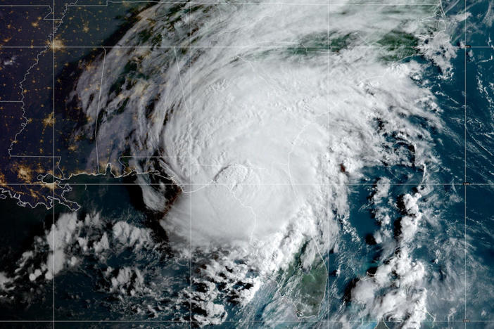 Hurricane Idalia hits Florida's west coast in a composite image from the National Oceanic and Atmospheric Administration (NOAA) GOES-East weather satellite August 30, 2023. NOAA/Handout REUTERS THIS IMAGE HAS BEEN SUPPLIED BY A THIRD PARTY.