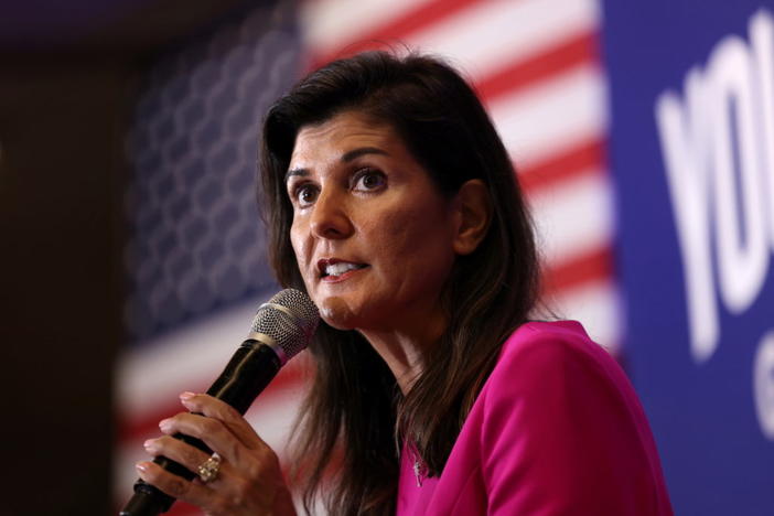 Nikki Haley, the former Governor of South Carolina and Ambassador to the UN, stumps for Virginia gubernatorial candidate Glenn Youngkin (R-VA), during a campaign event in McLean, Virginia, U.S., July 14, 2021. REUTERS/Evelyn Hockstein