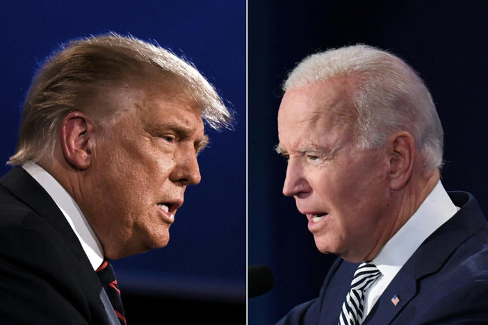 This combination of pictures created on September 29, 2020 shows US President Donald Trump (L) and Democratic Presidential candidate former Vice President Joe Biden squaring off during the first presidential debate at the Case Western Reserve University and Cleveland Clinic in Cleveland, Ohio on September 29, 2020. (Photo by JIM WATSON and SAUL LOEB / AFP) (Photo by JIM WATSONSAUL LOEB/AFP via Getty Images)