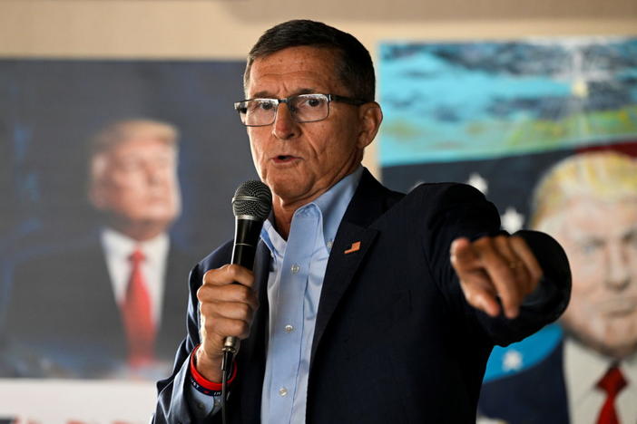 Former General Michael Flynn speaks at a campaign event with Republican senate candidate Josh Mandel (not pictured) ahead of next month's primary election in Cortland, Ohio, U.S., April 21, 2022. Photo by Gaelen Morse/REUTERS