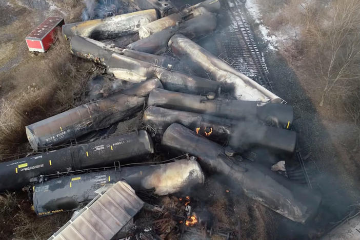 Drone footage shows the freight train derailment in East Palestine, Ohio, U.S., February 6, 2023 in this screengrab obtained from a handout video released by the NTSB. NTSBGov/Handout via REUTERS