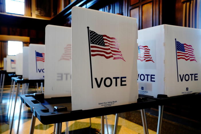 Unused privacy booths are seen at a voting site in Tripp Commons inside the Memorial Union building on the University of Wisconsin-Madison campus on Election Day in Madison, Dane County, Wisconsin, U.S. November 3, 2020. REUTERS/Bing Guan