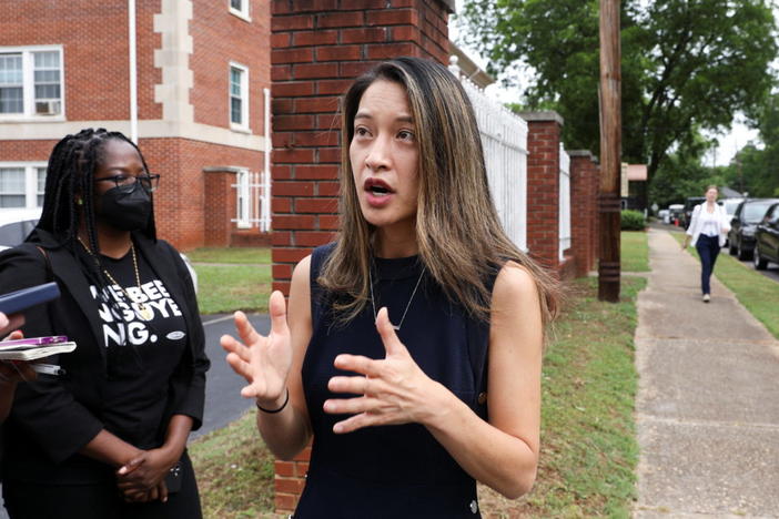 Democratic candidate Bee Nguyen, running for Secretary of State of Georgia, talks to media members during the primary election in Atlanta, Georgia, U.S. May 24, 2022. Photo by Dustin Chambers/REUTERS
