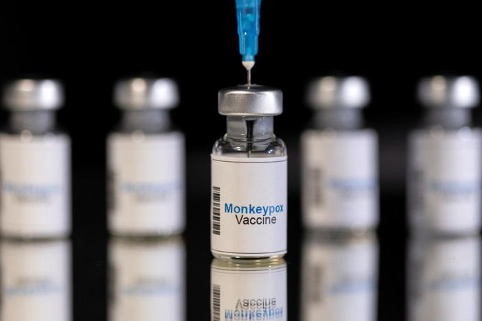 Mock-up vials labeled "Monkeypox vaccine" and medical syringe are seen in this illustration taken, May 25, 2022. REUTERS/Dado Ruvic/Illustration