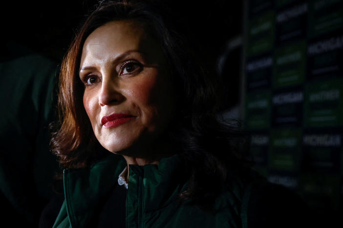 Michigan Gov. Gretchen Whitmer speaks to the media following a "get out the vote" rally at Michigan State University, the night before the midterm election, in East Lansing, Michigan, Nov. 7, 2022. Photo by Evelyn Hockstein/REUTERS