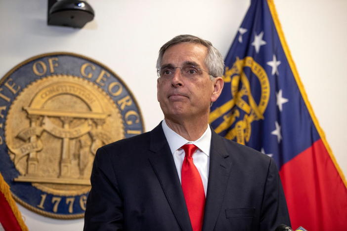 Georgia Secretary of State Brad Raffensperger gives an afternoon update on the Georgia Primary Election at the election command center in Atlanta, Georgia, U.S. May 24, 2022. REUTERS/Alyssa Pointer