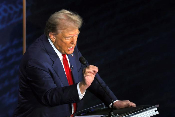 Republican presidential nominee, former U.S. President Donald Trump gestures as he speaks during a presidential debate with Democratic presidential nominee, U.S. Vice President Kamala Harris hosted by ABC in Philadelphia, Pennsylvania, U.S., September 10, 2024 REUTERS/Brian Snyder