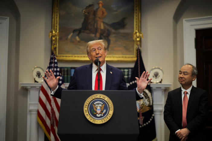 U.S. President Donald Trump delivers remarks on AI infrastructure, next to SoftBank CEO Masayoshi Son at the Roosevelt room at White House in Washington, U.S., January 21, 2025. REUTERS/Carlos Barria