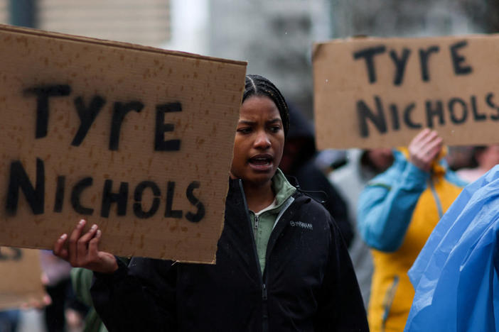 People protest after the release of the body cam footage showing police officers beating Tyre Nichols, the young Black man who died three days after he was pulled over while driving during a traffic stop by Memphis police officers, in downtown Memphis, Tennessee, U.S., January 28, 2023. Photo by Leah Millis/Reuters.