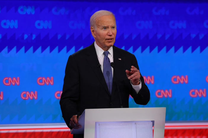 President Joe Biden speaks during a presidential debate with former President Donald Trump, in Atlanta, Georgia, June 27, 2024.