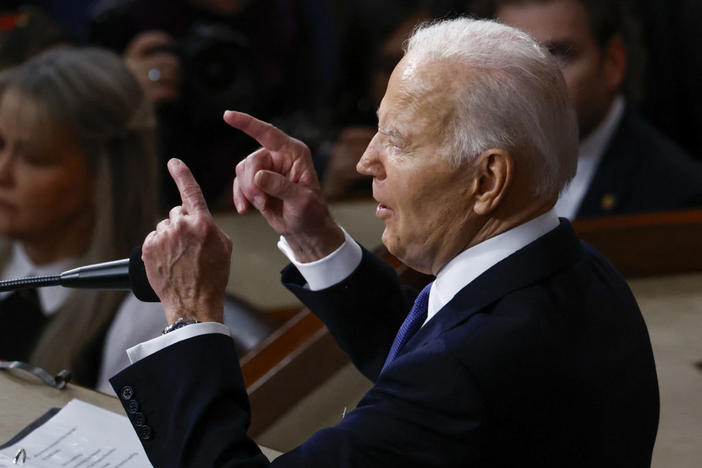U.S. President Joe Biden delivers the State of the Union address to a joint session of Congress in the House Chamber of the U.S. Capitol in Washington, U.S., March 7, 2024. Photo by Evelyn Hockstein/Reuters