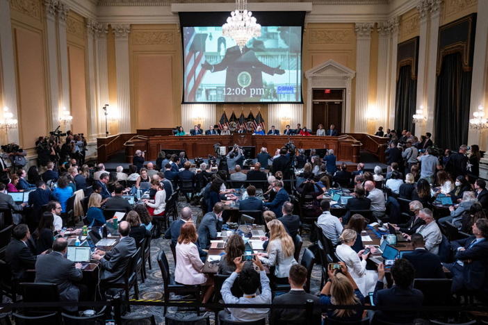 A video of former U.S. President Donald Trump speaking during a rally near the White House on January 6, 2021, is shown on a screen during the hearing of the U.S. House Select Committee to Investigate the January 6 Attack on the United States Capitol, on Capitol Hill in Washington, U.S., June 9, 2022. Photo by Jabin Botsford/Pool via REUTERS