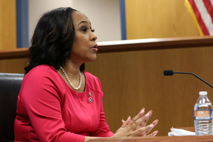 Attorney Fani Willis speaks from a witness stand during a hearing in the case of State of Georgia v. Donald John Trump at the Fulton County Courthouse in Atlanta on Feb. 15, 2024. Photo by Alyssa Pointer/Reuters