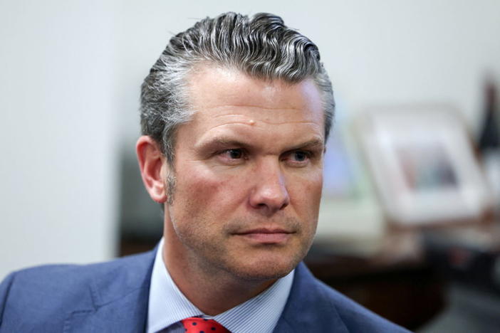 Defense secretary nominee Pete Hegseth meets with Senator-elect Jim Banks (R-IN) on Capitol Hill in Washington on Dec. 5, 2024. Photo by Evelyn Hockstein/ Reuters