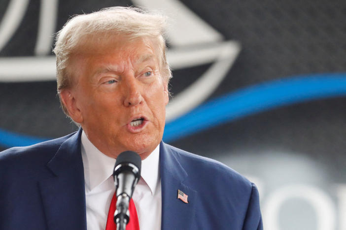 Republican presidential nominee and former President Donald Trump speaks to the press about the impact of Hurricane Helene in Evans, Georgia, on Oct. 4, 2024. Photo by Octavio Jones/ Reuters