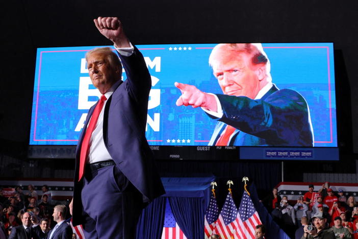 Donald Trump gestures to the crowd at the conclusion of his final rally of the campaign at Van Andel Arena in Grand Rapids, Michigan, on Nov. 5, 2024. Photo by Brian Snyder/ Reuters