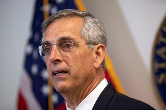 Georgia Secretary of State Brad Raffensperger gives an afternoon update on the Georgia Primary Election at the election command center in Atlanta, Georgia, U.S. May 24, 2022. REUTERS/Alyssa Pointer