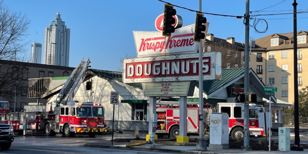 Krispy Kreme donut shop damaged by fire in Atlanta.