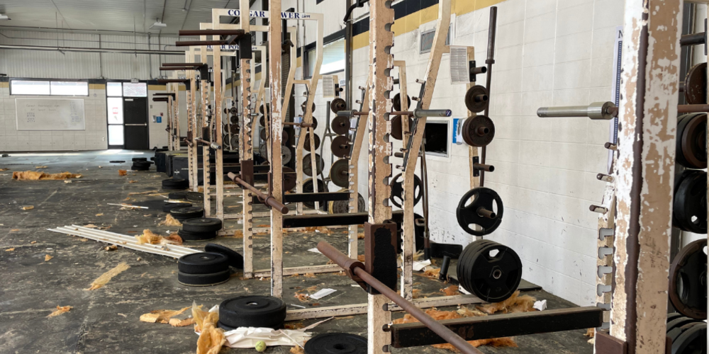 Damage done to Newnan High School's weight room after devastating tornado.