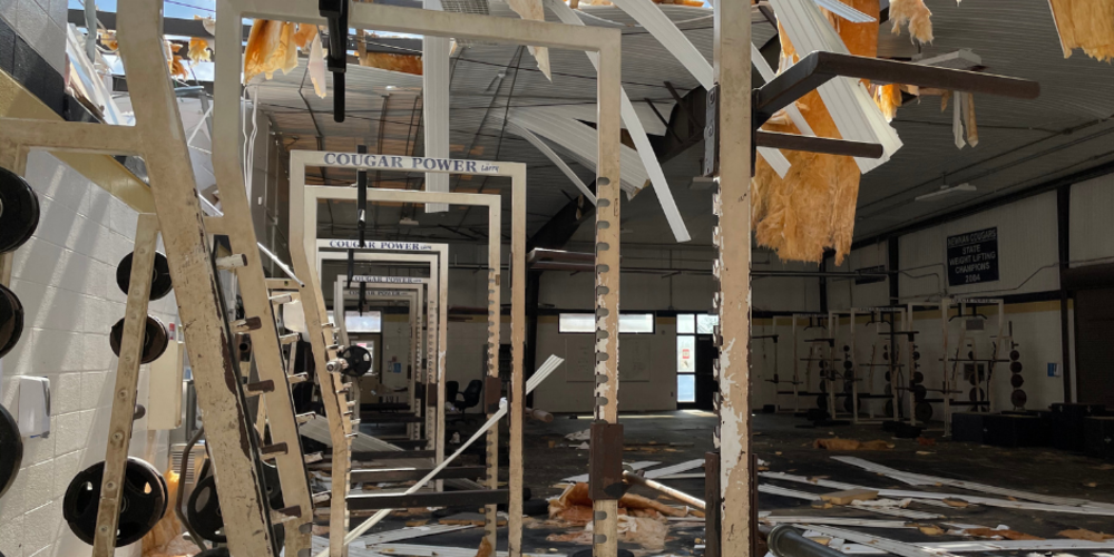 Damage done to Newnan High School's weight room after devastating tornado.