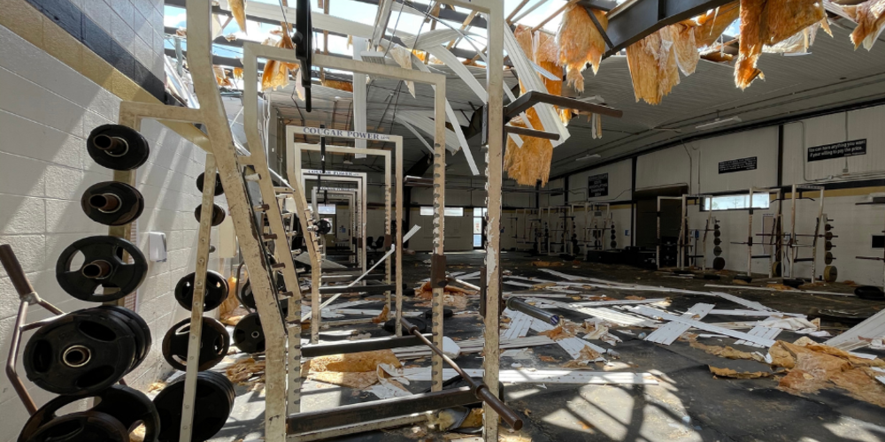 Damage done to Newnan High School's weight room after devastating tornado.