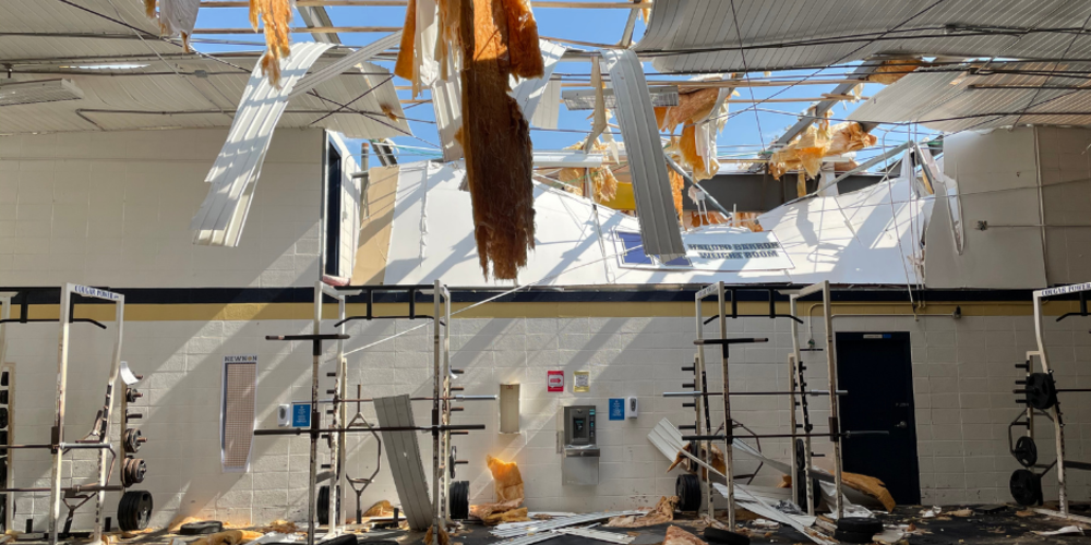 Damage done to Newnan High School's weight room after devastating tornado.