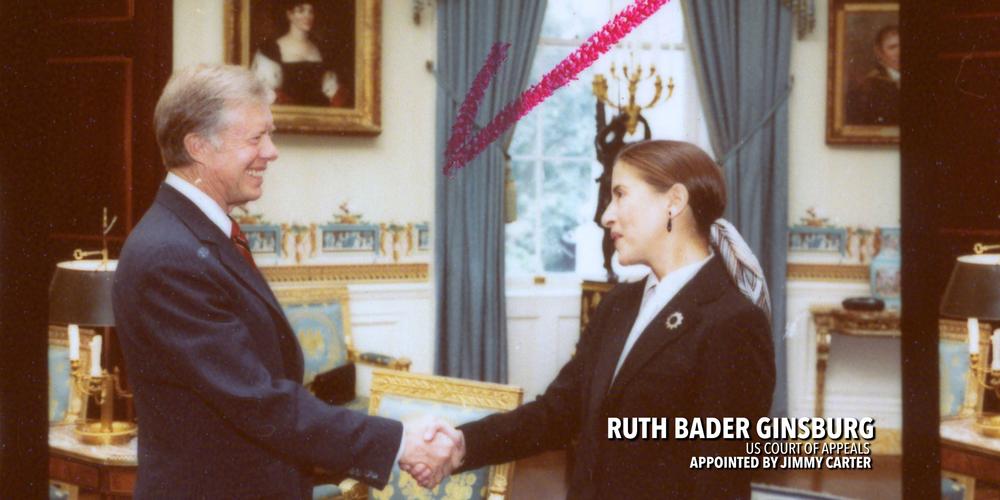 Jimmy Carter shakes hands with Ruth Bader Ginsburg.