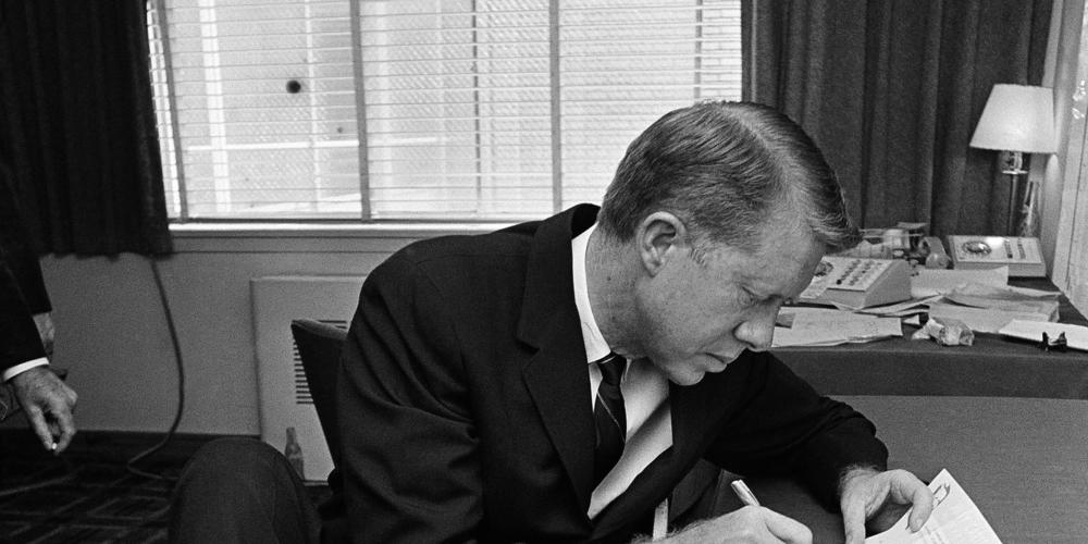 Then gubernatorial candidate Jimmy Carter making notes during the primary race for the democratic nomination in 1970.