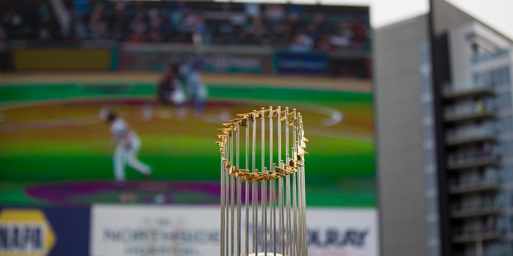 The Commissioner's Trophy sits in the middle of Truist Park during the Braves’ celebration event on Nov. 5.