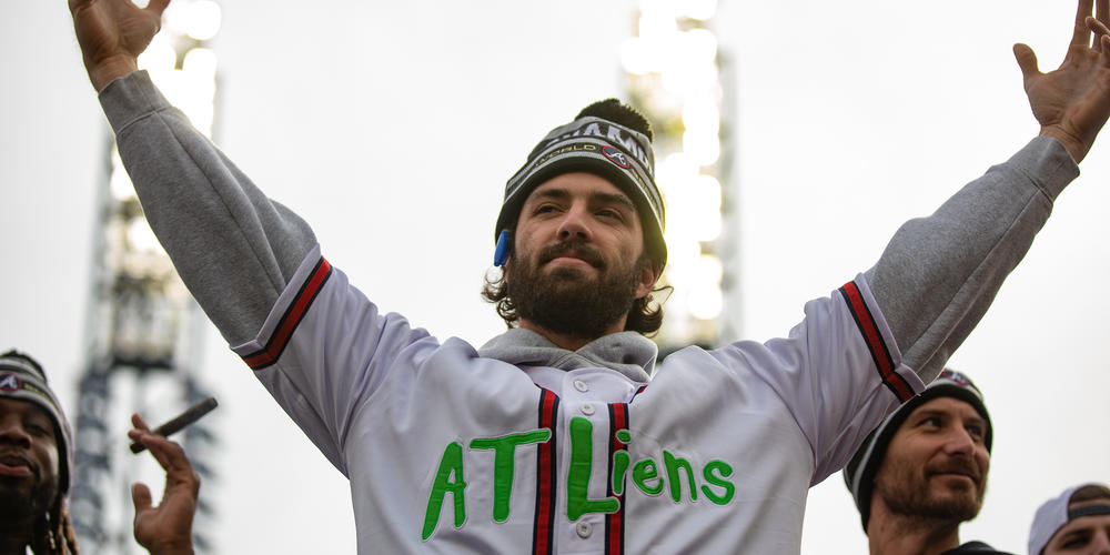 Braves shortstop Dansby Swanson celebrates on stage during the team’s World Series victory celebration on Nov. 5.