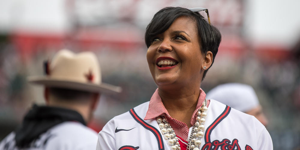 Atlanta Mayor Kiesha Lance Bottoms celebrates with the Atlanta Braves during a celebration at Truist Park on Nov. 5.