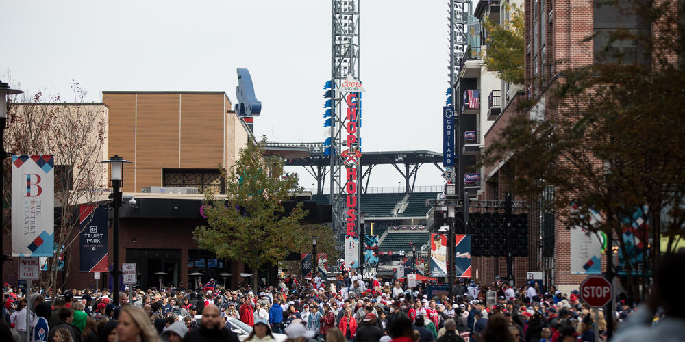 Thousands of Braves fans descend on The Battery in Cobb County to celebrate the Braves World Series win on Nov. 5.