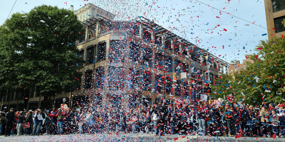 A blast of confetti falls on the streets of Atlanta in celebration of the Braves World Series win.