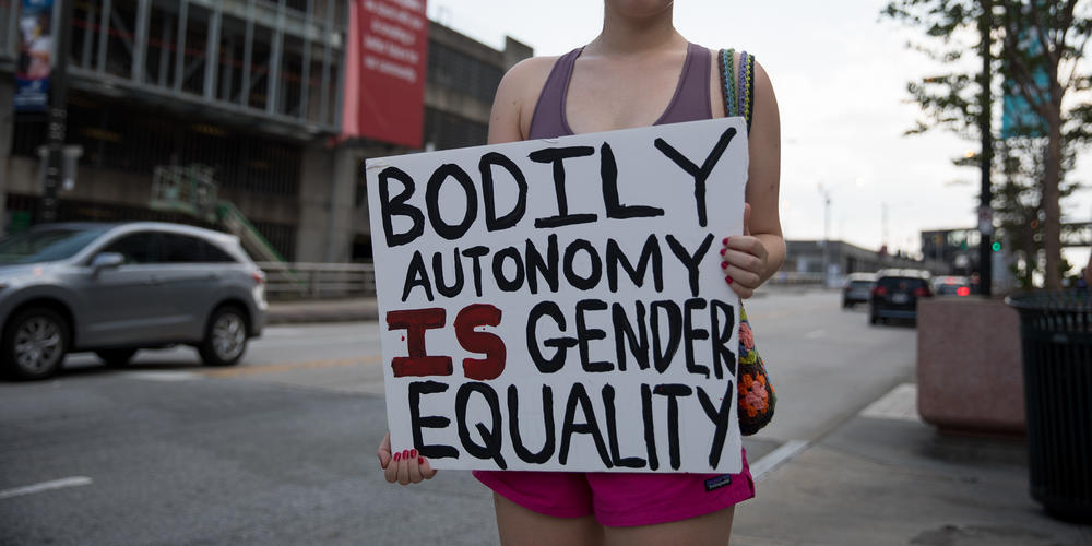Protesters rally in downtown Atlanta on June 24 in response to the Supreme Court’s decision to overturn the 1973 landmark decision in Roe v Wade. Georgia’s six-week abortion ban that has been held up by a district court will likely go into effect due to the ruling.