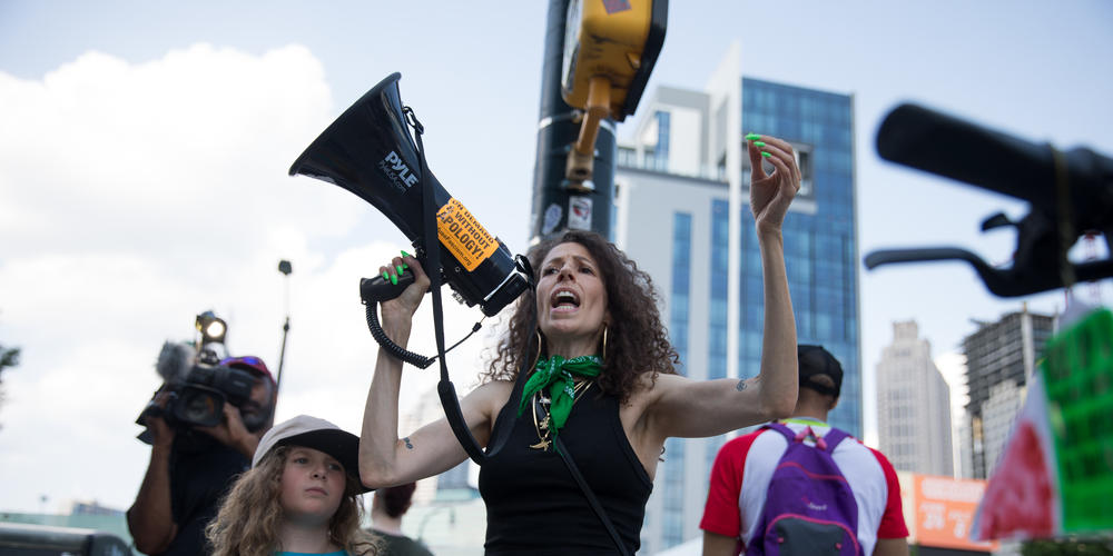 Protesters rally in downtown Atlanta on June 24 in response to the Supreme Court’s decision to overturn the 1973 landmark decision in Roe v Wade. Georgia’s six-week abortion ban that has been held up by a district court will likely go into effect due to the ruling.