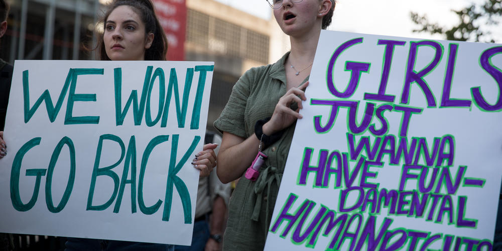 Protesters rally in downtown Atlanta on June 24 in response to the Supreme Court’s decision to overturn the 1973 landmark decision in Roe v Wade. Georgia’s six-week abortion ban that has been held up by a district court will likely go into effect due to the ruling.