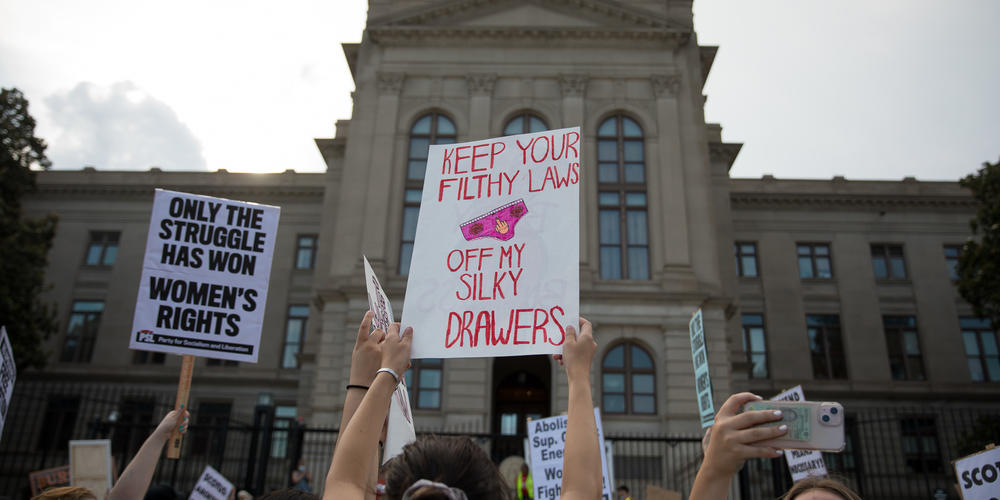 Hundreds gather in front of the Georgia State Capitol in Atlanta on June 24 to protest the Supreme Court decision to overturn Roe v Wade and leave abortion access up to states.