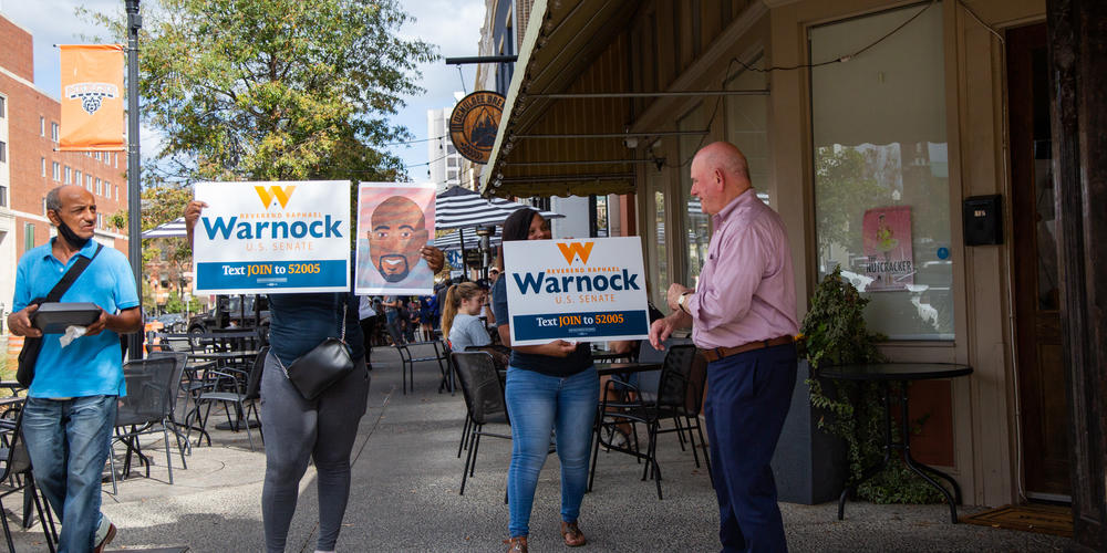 U.S. Senator Raphael Warnock makes a campaign stop in Macon, Ga., one day before the state's midterm election on November 7, 2022. Joined by fellow U.S. Senator Jon Ossoff, Warnock spoke to a crowd of national press and about 20 attendees: "The two most junior senators in the Senate, but I think we've done the work for the people of Georgia, and I'm ready to do it for six more years."